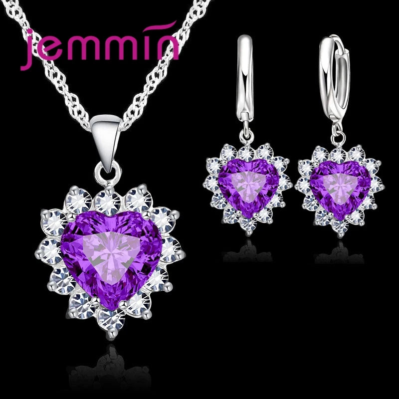 Top Sale Wding Engagement Anniversary Gift Jewelry Sets 925 Silver Color Stamped Heart Pendant Hoop Earrings for Women Girls