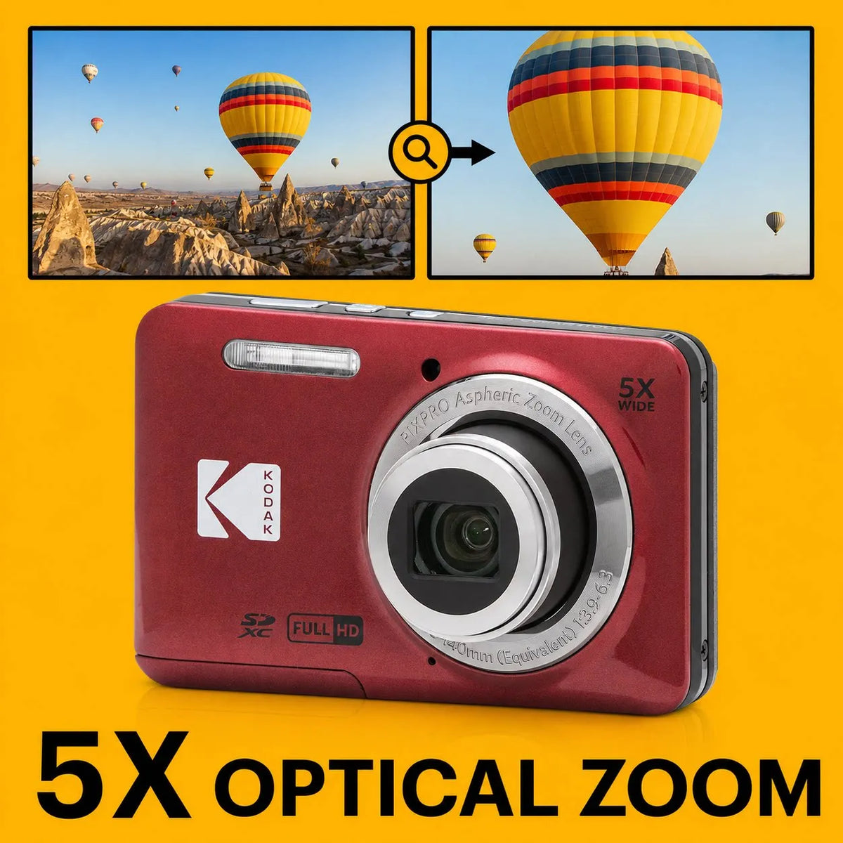 KODAK PIXPRO FZ55-RD 16MP Digital Camera 5X Optical Zoom 28mm Wide Angle 1080P Full HD Video 2.7" LCD Vlogging Camera