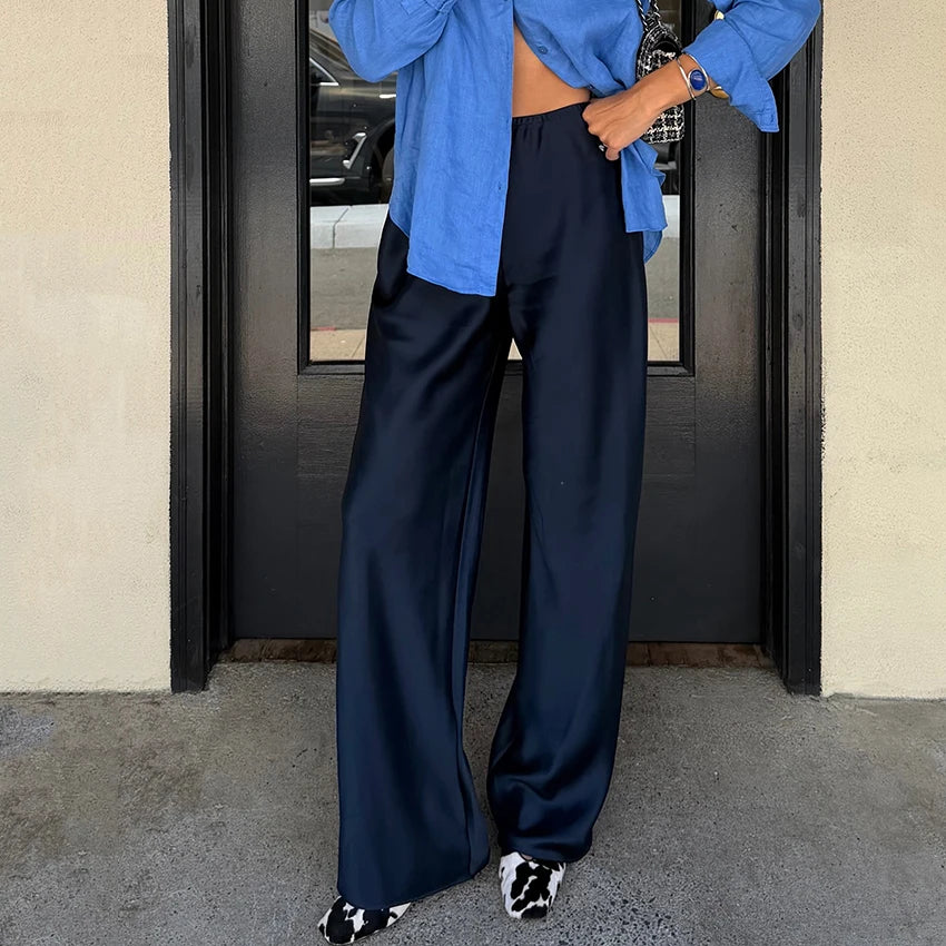 Linad Elegant Brown Satin Wide Leg Pants Women Autumn Fashion Beige High Waist Trousers Street Chic Silk Long Pants Female 2025