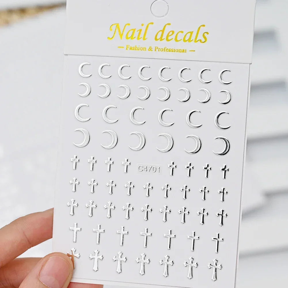 Metallic Silver 3D Star Chain Heart Nail Stickers 6 Sheets Self Adhesive Decals Professional Salon DIY Gel Nail Art Supply