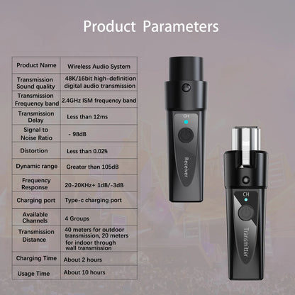 XLR Wireless Microphone Transmitter Receiver，  2.4Ghz Microphone Wireless System, Rechargeable Wireless Mic Adapter for Audio Mi
