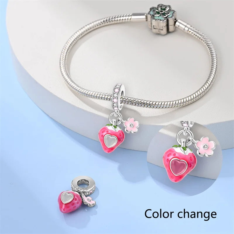 925 Silver Color Strawberry Cherry Apple Avocado Fruit Charms Beads Fit Qikaola 925 Original Bracelets Fine DIY Birthday Jewelry