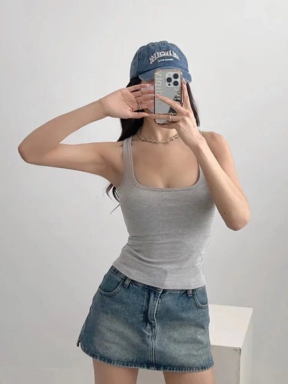 Women's Sculpted Square Neck Tank Top Summer Slim Fit Workout Athletic Crop Tops for Women