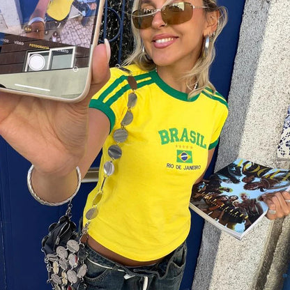2023 Summer T-shirt For Women Brazil Letter Aesthetic 90's Crop Tops Casual Short Sleeve Tee Kpop Streetwear Vintage Y2k Clothes
