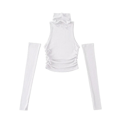 Woman Clothes Fall 2025 Tank Top Sleeve Cover Sleevless Side Pleats Turtleneck T-shirt  Sexy Ribbed Knitted Tops Y2k 2529