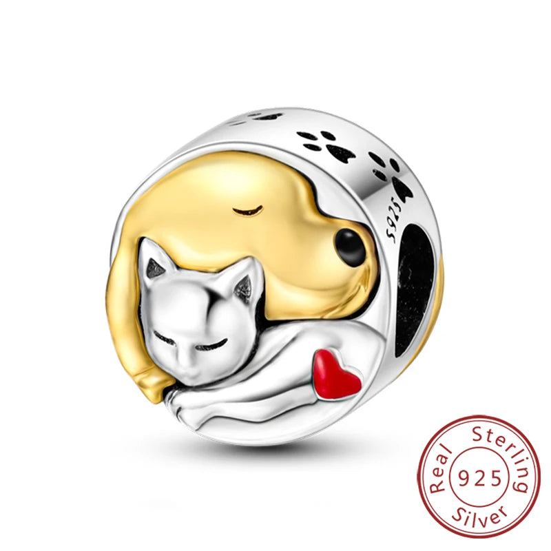 Charms 925 Sterling Silver Dog Cat Paw Print Love Pets Charms Beads Fit Original Bracelets Necklaces Pendant Women DIY Jewelry