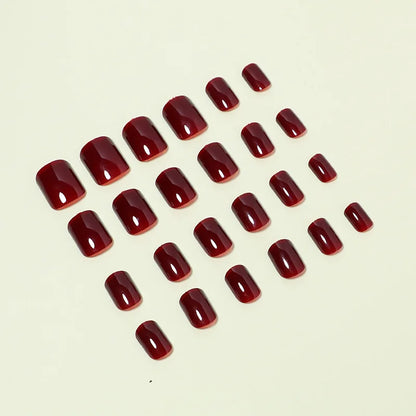 24Pcs Solid Color Wine Red Design Fake Nail Short Square Press on False Nails Simple Detachable Finished Full Cover Nail Tips