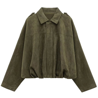 HXAO Women's Bomber Jacket Lapel Long Sleeve Zipper Suede Jacket Women 2025 High Street Cropped Racing Jackets Coats Outerwears