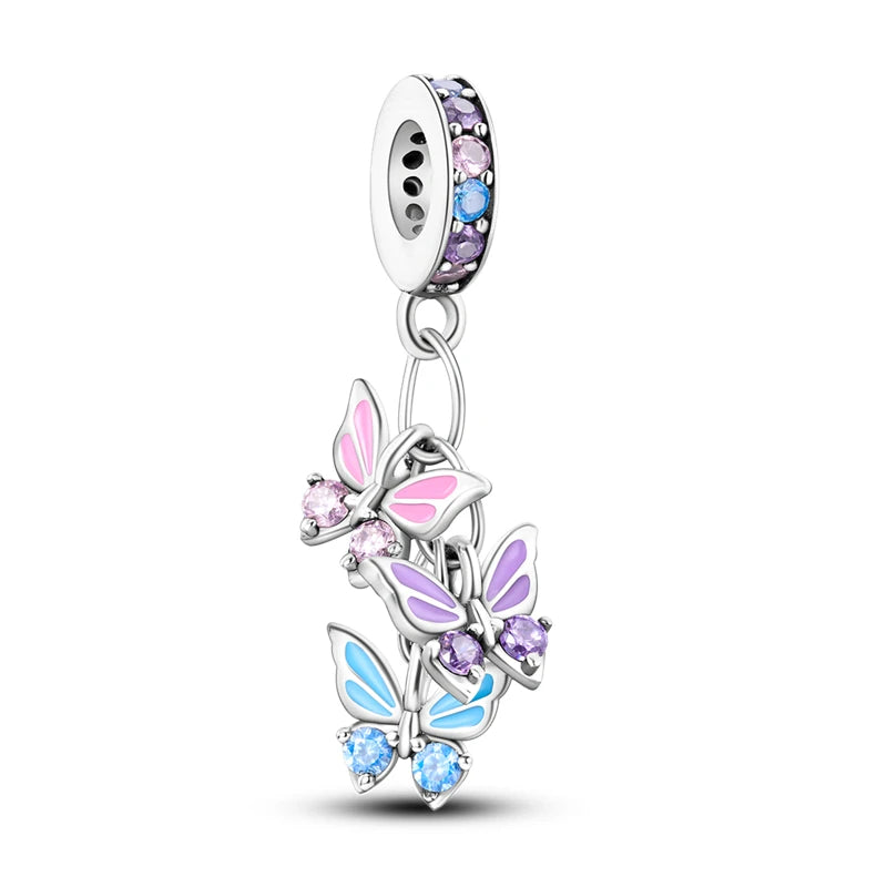 925 Silver Rainbow Flower Dragonfly Charms Dangle Charm Animal Bead Fit Original Bracelet Jewelry DIY
