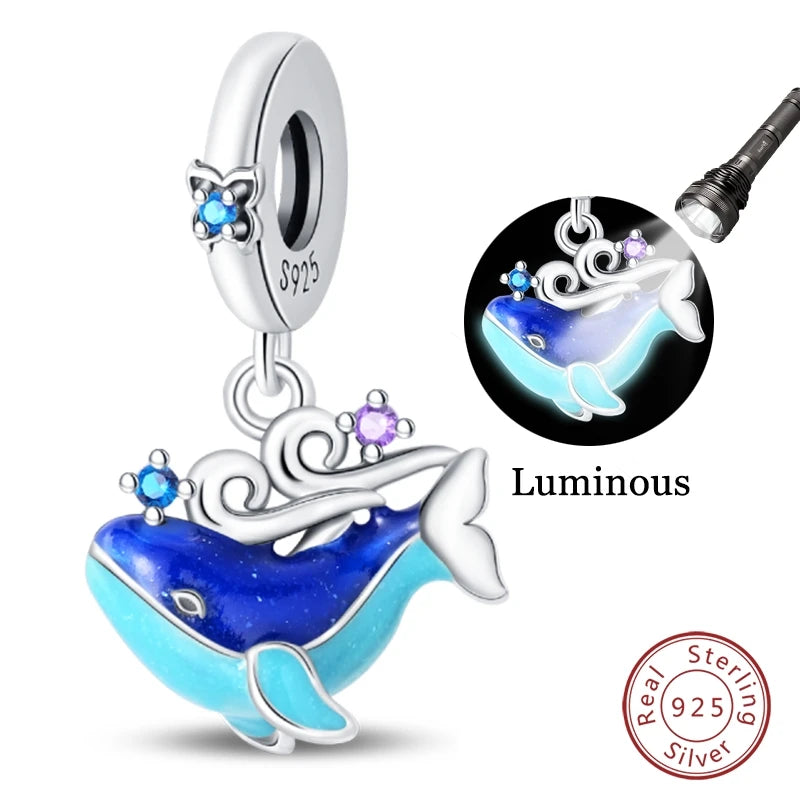 Fit Original 925 Sterling Silver Charms Beads Blue Luminous Whale Shark Seahorse Dolphin Charms For Women Fine DIY Jewelry Gifts