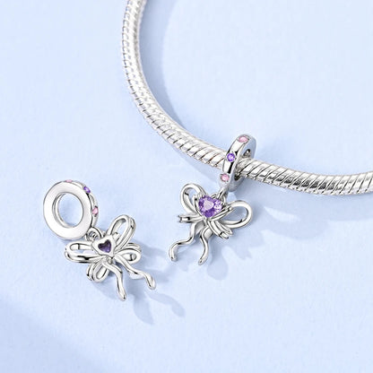 Silver Bow Charms 925 Sterling Silver Pink Heart-shaped Bow Pendants Charms Beads Fit Original S925 Bangle Bracelets DIY Jewelry