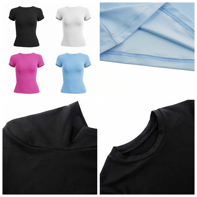 New Women Clothing Short Sleeve T-shirt Slim Fit Tops Y2K Female O-Neck Knitted Sheath Tee Shirt Street Wear Sex Sporty