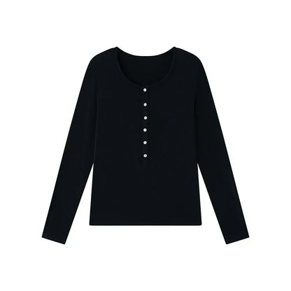 Silk Wool Basic Shirt For Women Autumn Winter Round Button Neck Slim Knitwear, Solid Color Striped Long Sleeve Top