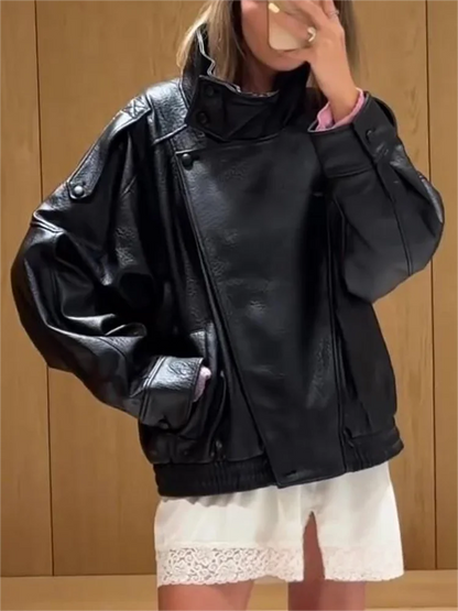 KONDALA Casual Chic Black Leather Jackets Women Long Sleeve Buttons Elastic Oversized Coats Fashion 2026 Spring Streetwear Coats
