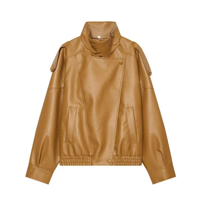 Women's Jacket 2026 Autunm  New Black Long Sleeve Pebble Faux Leather Jacket Motorcycle Style Personality Fashion