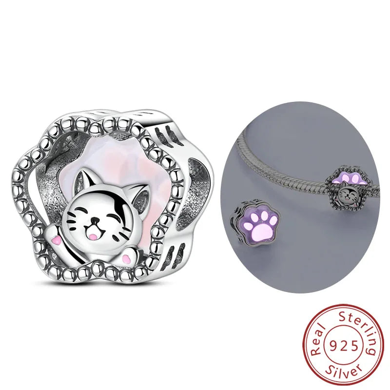 Charms 925 Sterling Silver Dog Cat Paw Print Love Pets Charms Beads Fit Original Bracelets Necklaces Pendant Women DIY Jewelry
