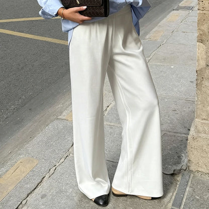 Linad Elegant Brown Satin Wide Leg Pants Women Autumn Fashion Beige High Waist Trousers Street Chic Silk Long Pants Female 2025