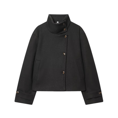 European and American 2025 Winter New Women's Loose and Casual Style Simple Long Sleeve Buckle Stand up Collar Coat