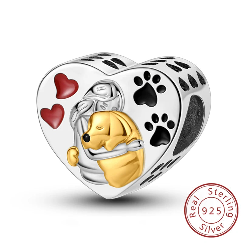 Charms 925 Sterling Silver Dog Cat Paw Print Love Pets Charms Beads Fit Original Bracelets Necklaces Pendant Women DIY Jewelry