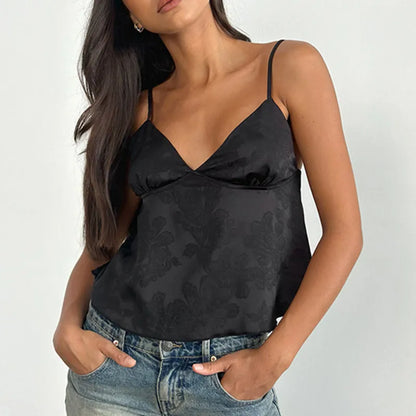 Women Satin Camisole Sexy Crop Top Fashion Streetwear Camis Summer Loose Casual Tanks Summer Blouse Spaghetti Backless Top
