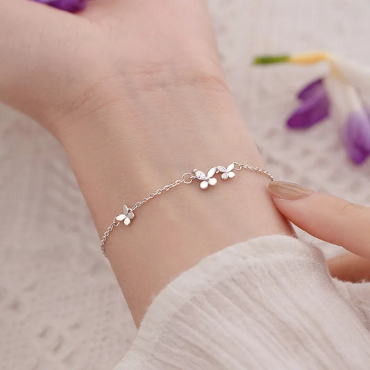 925 Sterling Silver Diamond-Studded Butterfly Bracelet Women's Fashion Temperament Flower Adjustable Jewelry