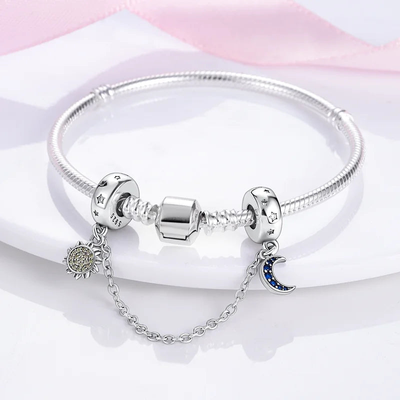 925 Sterling Silver Star Moon Safety Chain Charms Bead Fit 3mm Original Bracelet DIY Women Exquisite Anniversary Jewelry Gifts