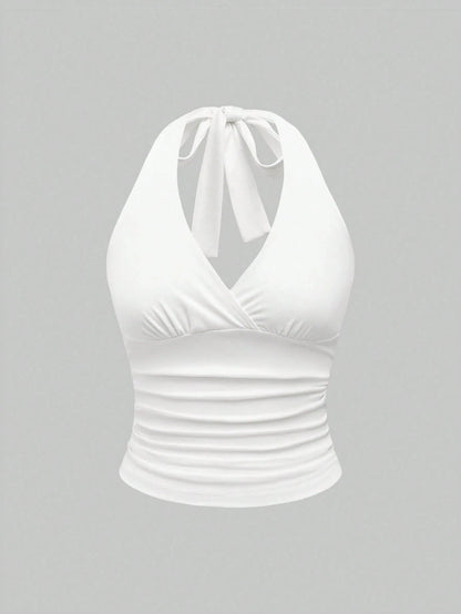 Solid V-neck Backless Halter Crop Top for Women Summer Sexy Y2K Sleeveless Ruched Top Streetwear