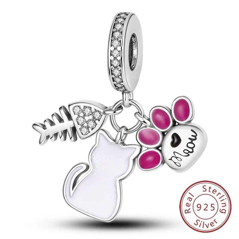 Charms 925 Sterling Silver Dog Cat Paw Print Love Pets Charms Beads Fit Original Bracelets Necklaces Pendant Women DIY Jewelry
