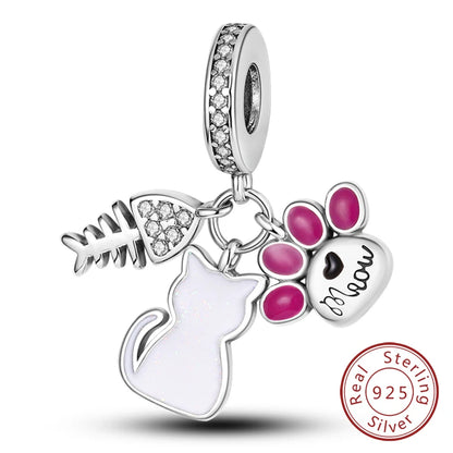Charms 925 Sterling Silver Dog Cat Paw Print Love Pets Charms Beads Fit Original Bracelets Necklaces Pendant Women DIY Jewelry