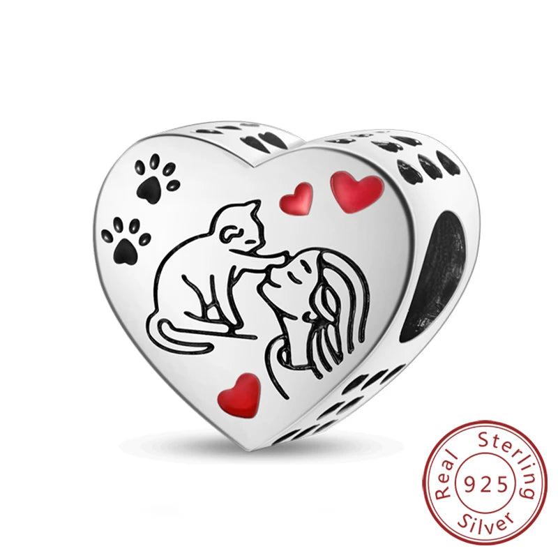 Charms 925 Sterling Silver Dog Cat Paw Print Love Pets Charms Beads Fit Original Bracelets Necklaces Pendant Women DIY Jewelry