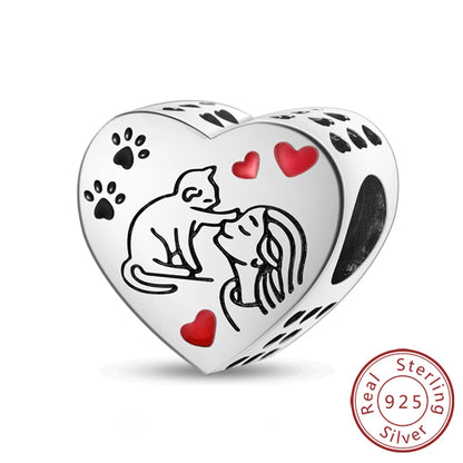 Charms 925 Sterling Silver Dog Cat Paw Print Love Pets Charms Beads Fit Original Bracelets Necklaces Pendant Women DIY Jewelry