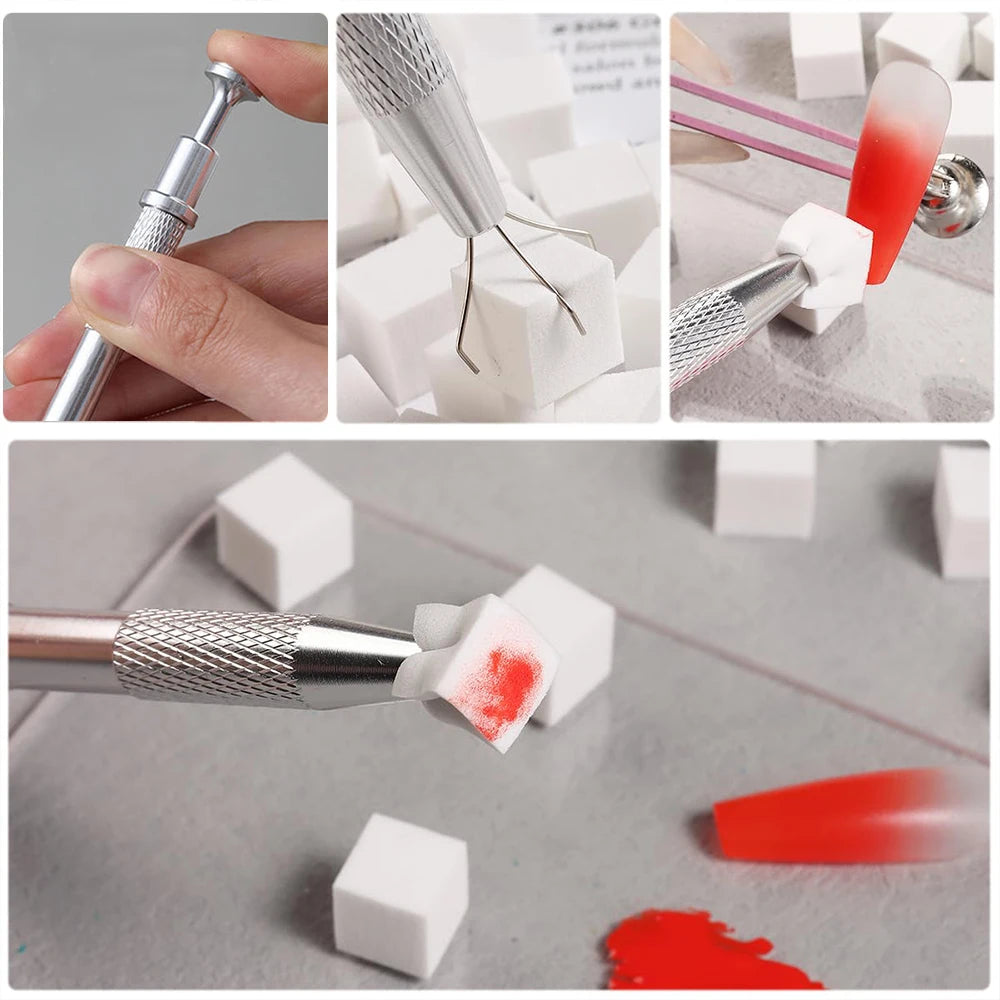 4 Claw Metal Grabber Reacher Tool White Nail Art Tools with 50Pcs/200Pcs Mini Nail Sponges Blocks Nail Buffer for Home Improveme