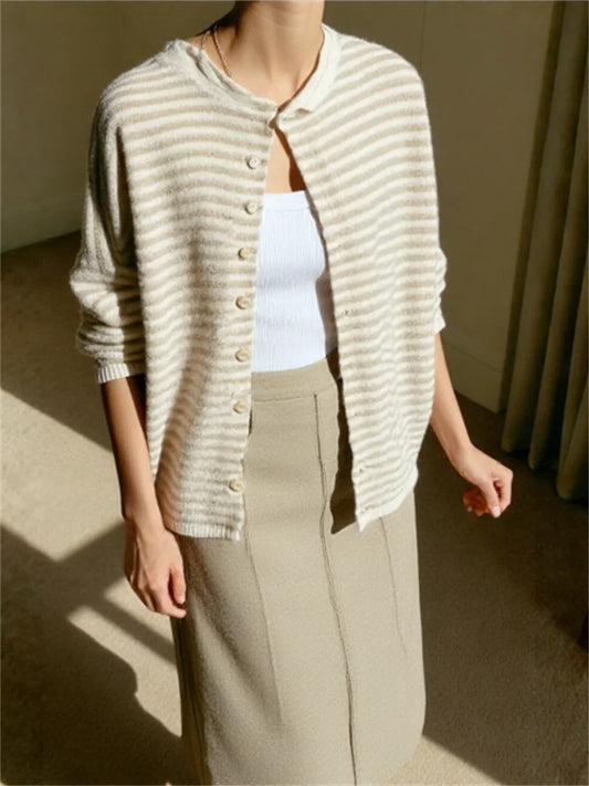 Women's Sweater Striped Button Down Cardigan Knit Tops Outerwear Casual Loose Long Sleeve Fall Tops Knitwear