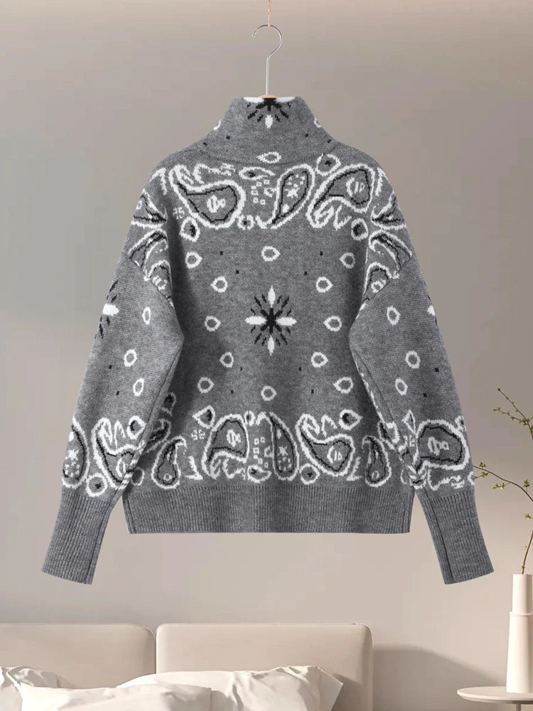 2026 Spring Loose Knit Jacquard Stand Collar Women Cardigan Zipper Full Sleeve Pockets Loose Sweater Fashion Lady Soft Knitwear