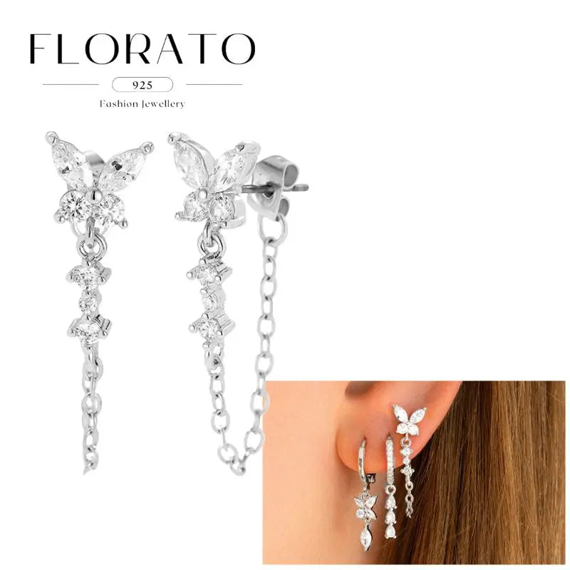 FLORATO 925 Sterling Silver Earrings Chain Tassel Pendant Earrings Zircon Silver Earrings for Women Trend Luxury Wedding Jewelry