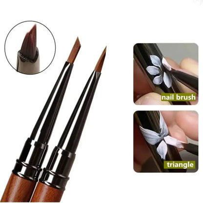 Round Wood Handle Triangular Petal Nail Brush Acrylic Nail Art Liner Brush Stripes Grid Flower Painting Drawing PenManicure Tool