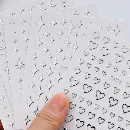Metallic Silver 3D Star Chain Heart Nail Stickers 6 Sheets Self Adhesive Decals Professional Salon DIY Gel Nail Art Supply