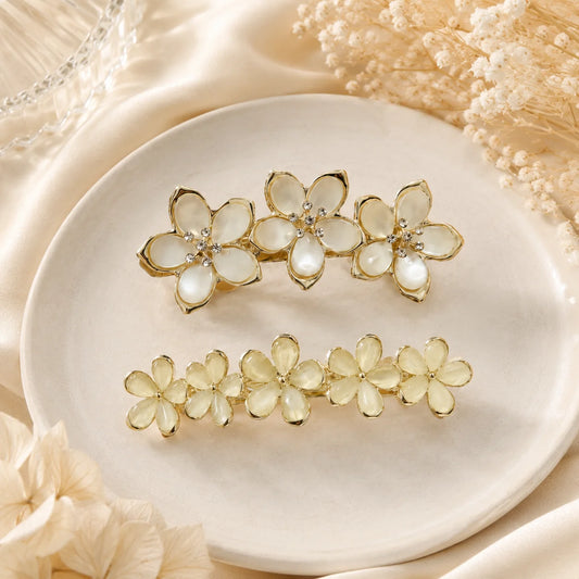 Flower Spring Hair Clip Women Rhinestone Alloy Gold Floral Barrette Pearl Shell Petal Korean Fairy Wedding Hair Accessories for