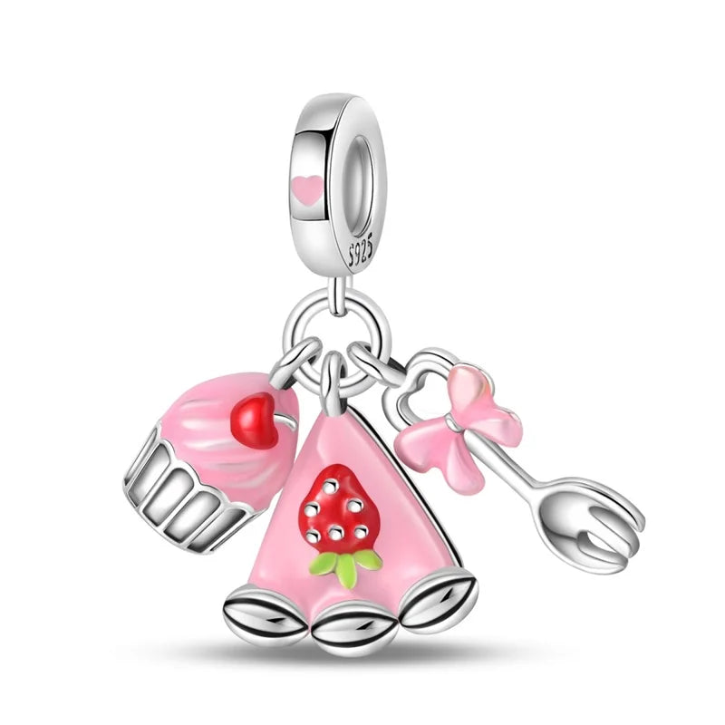 925 Silver Color Strawberry Cherry Apple Avocado Fruit Charms Beads Fit Qikaola 925 Original Bracelets Fine DIY Birthday Jewelry