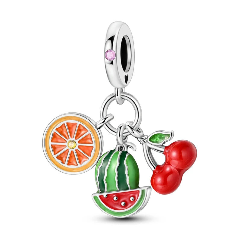 925 Silver Color Strawberry Cherry Apple Avocado Fruit Charms Beads Fit Qikaola 925 Original Bracelets Fine DIY Birthday Jewelry