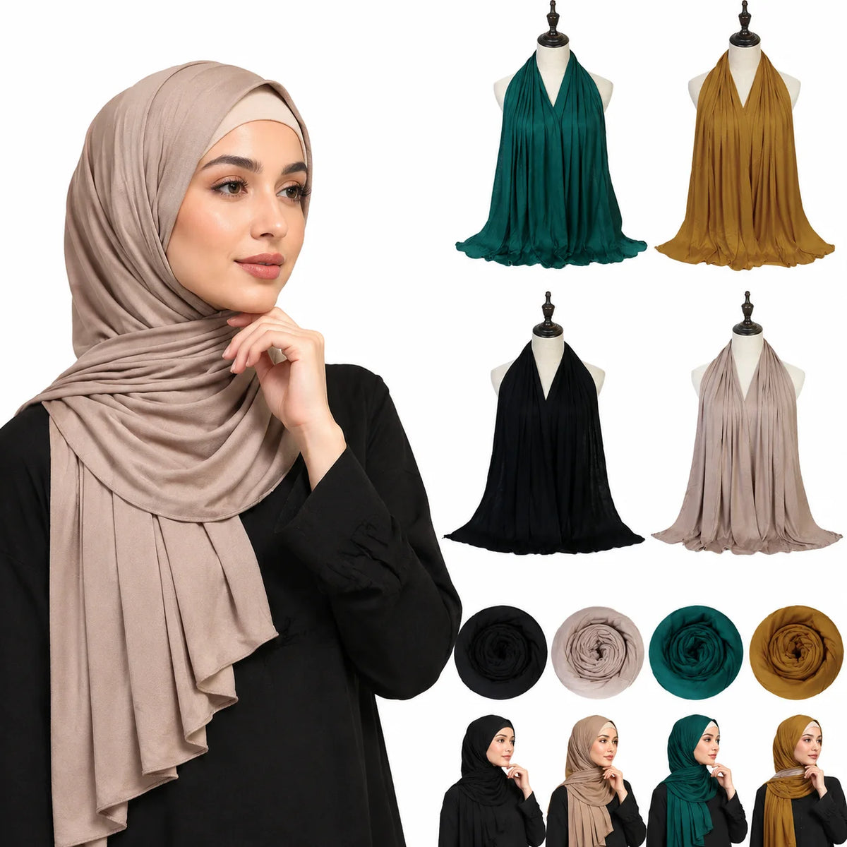 170x60cm Modal Jersey Instant Hijab Long Stretchy Soft Breathable Solid Color Head Wrap Shawl for Muslim Ladies Ramadan Prayer