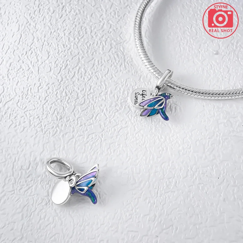 925 Sterling Silver Rainbow Woodpecker Animal Pendant with Elephant Bead for DIY Bracelet Making Birthday Gift Idea