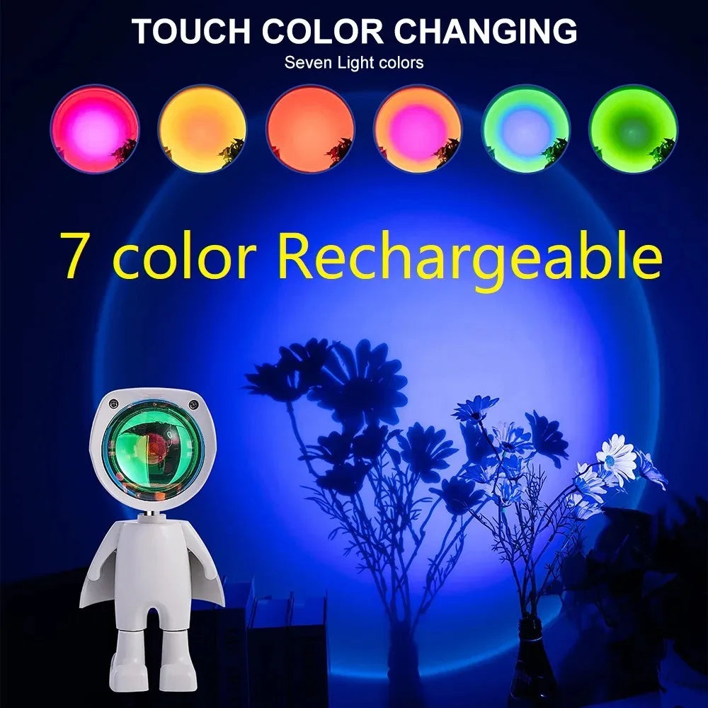 GGbingo Rechargeable Astronaut Robot Rainbow Projection Sun Lamp Table Night Light Sunset Lamp Dimming Bedroom Atmosphere Light