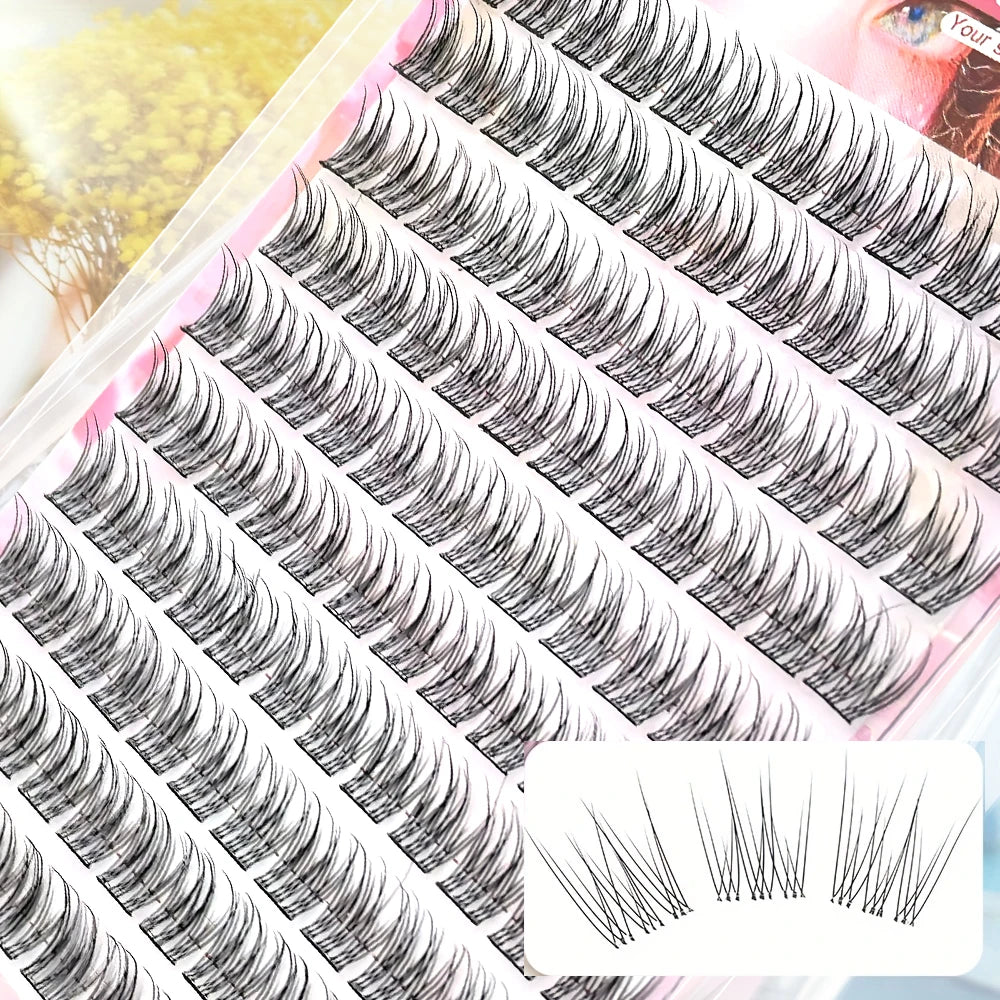 110PCS No Glue Triple Fish Tail Lashes, Self-Adhesive Design, Ultra Slim Black Stem, Natural Transparent Look,