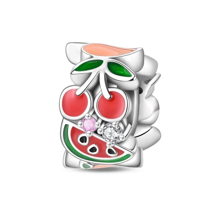925 Silver Color Strawberry Cherry Apple Avocado Fruit Charms Beads Fit Qikaola 925 Original Bracelets Fine DIY Birthday Jewelry