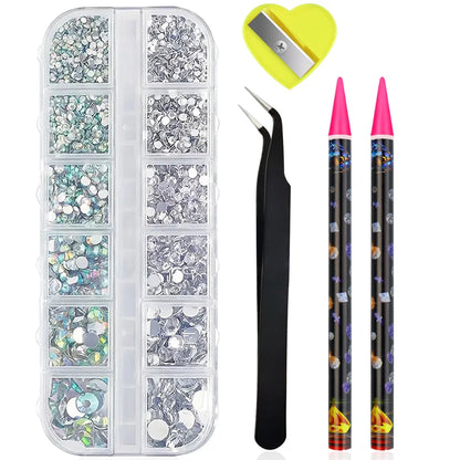 Boxed 3D Flat Back Nail Rhinestones Nail Gems Glass AB & Clear Crystal Rhinestones Kit Nail Art Charms DIY Manicure Accessories
