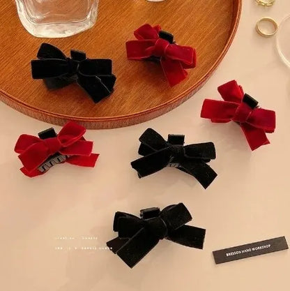 2pcs Black Bow Small Grab Clip Women's Autumn And Winter Vintage Velvet Bangle Clip Hair Clip Style Princess Hair Clip Headwear