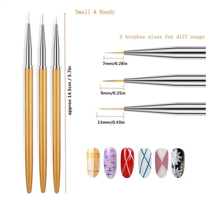 3Pcs Acrylic French Stripe Nail Art Liner Brush 3D Tips Line Stripes DIY Drawing Pen UV Gel Brushes Painting Pen Manicure Tools