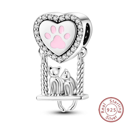 Charms 925 Sterling Silver Dog Cat Paw Print Love Pets Charms Beads Fit Original Bracelets Necklaces Pendant Women DIY Jewelry