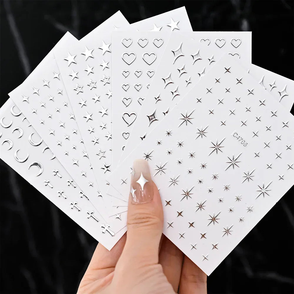 Metallic Silver 3D Star Chain Heart Nail Stickers 6 Sheets Self Adhesive Decals Professional Salon DIY Gel Nail Art Supply